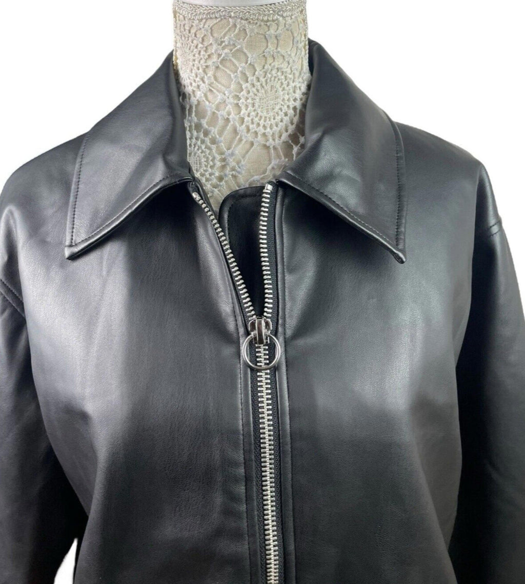 ASOS Faux Leather Jacket Women's UK Size 6 Black Zip Front Oversized Big Collar