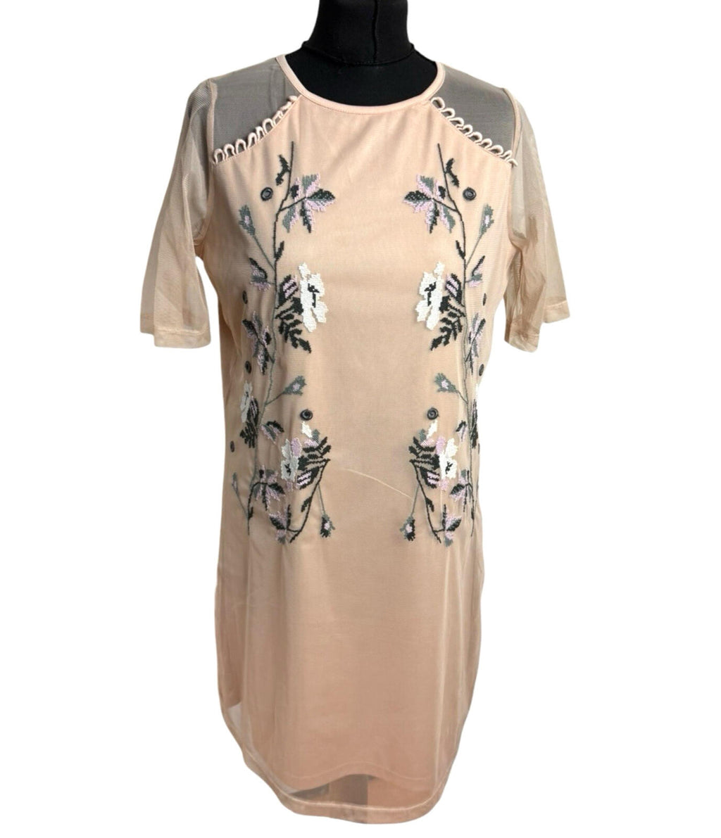 River Island Chiffon Mini Dress Women’s UK Size 12 Floral Embroidered Lined Pink