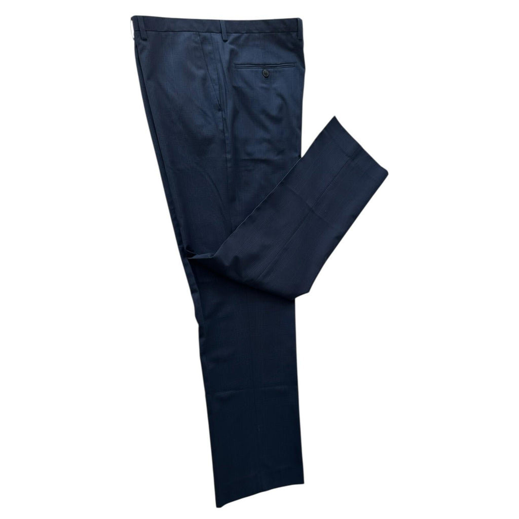 Tailered Fit Trousers Men's UK Size W38 L33 Navy Blue Check Formal Pleated Front