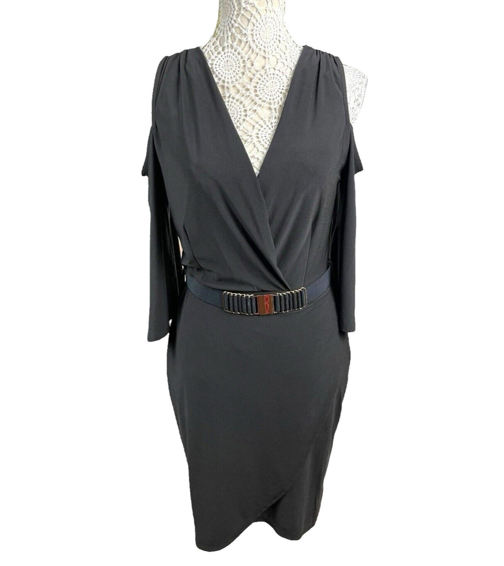 River Island Black Midi Dress Belted Cold Shoulder Sleeve Women’s UK Size 12