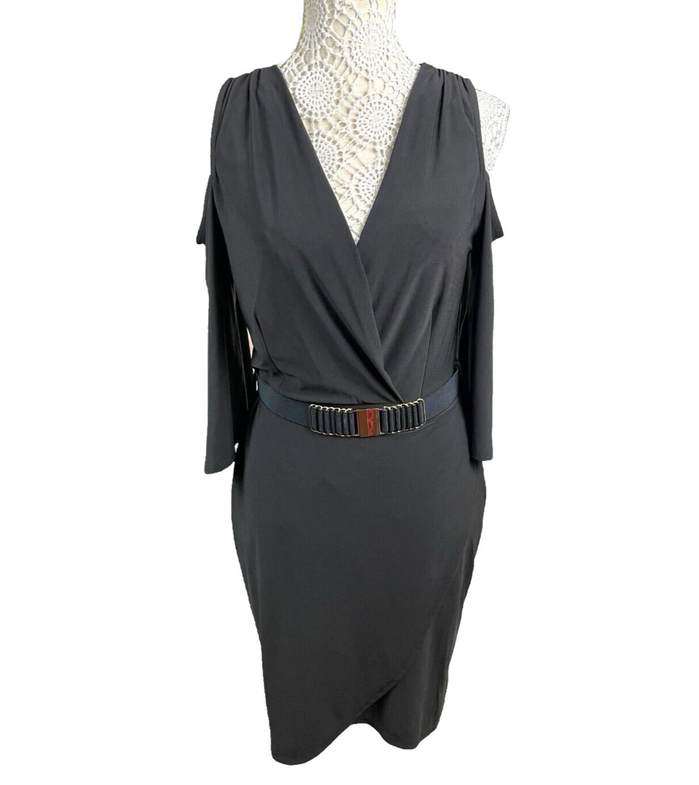River Island Black Midi Dress Belted Cold Shoulder Sleeve Women’s UK Size 12