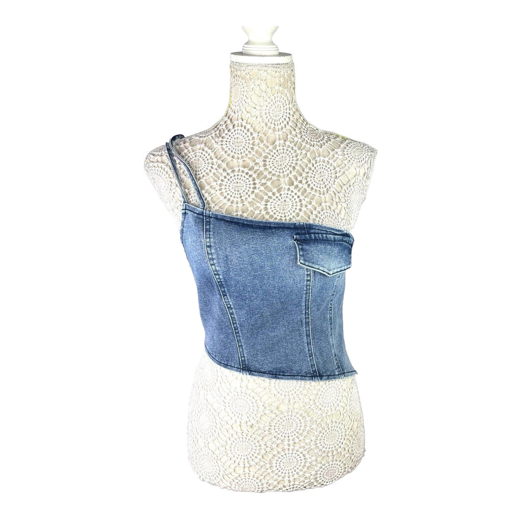 Denim One Shoulder Asymmetrical Crop Top Mock Pocket Women’s UK Size 8