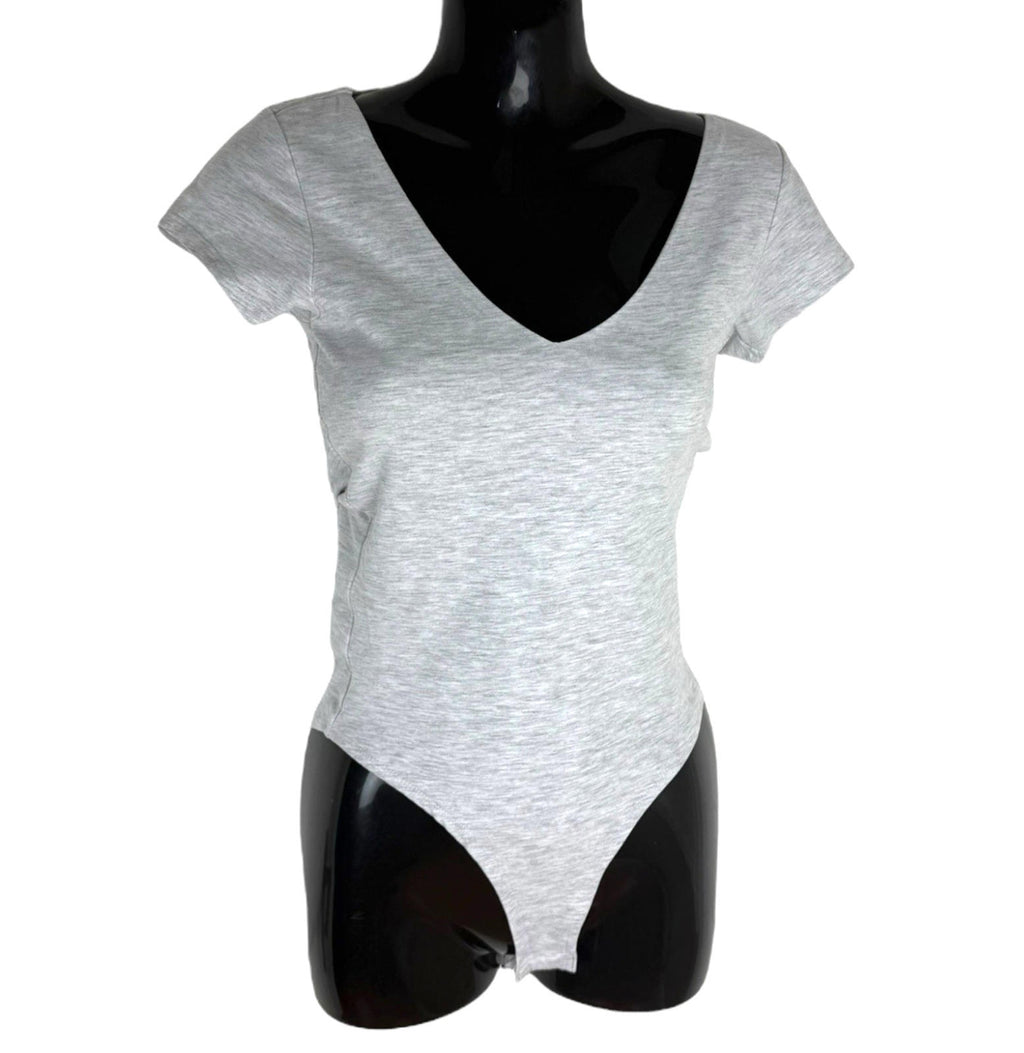 New Look Bodysuit Women's UK Size 6 Grey Jersey V Neck Short Sleeve Snap Summer