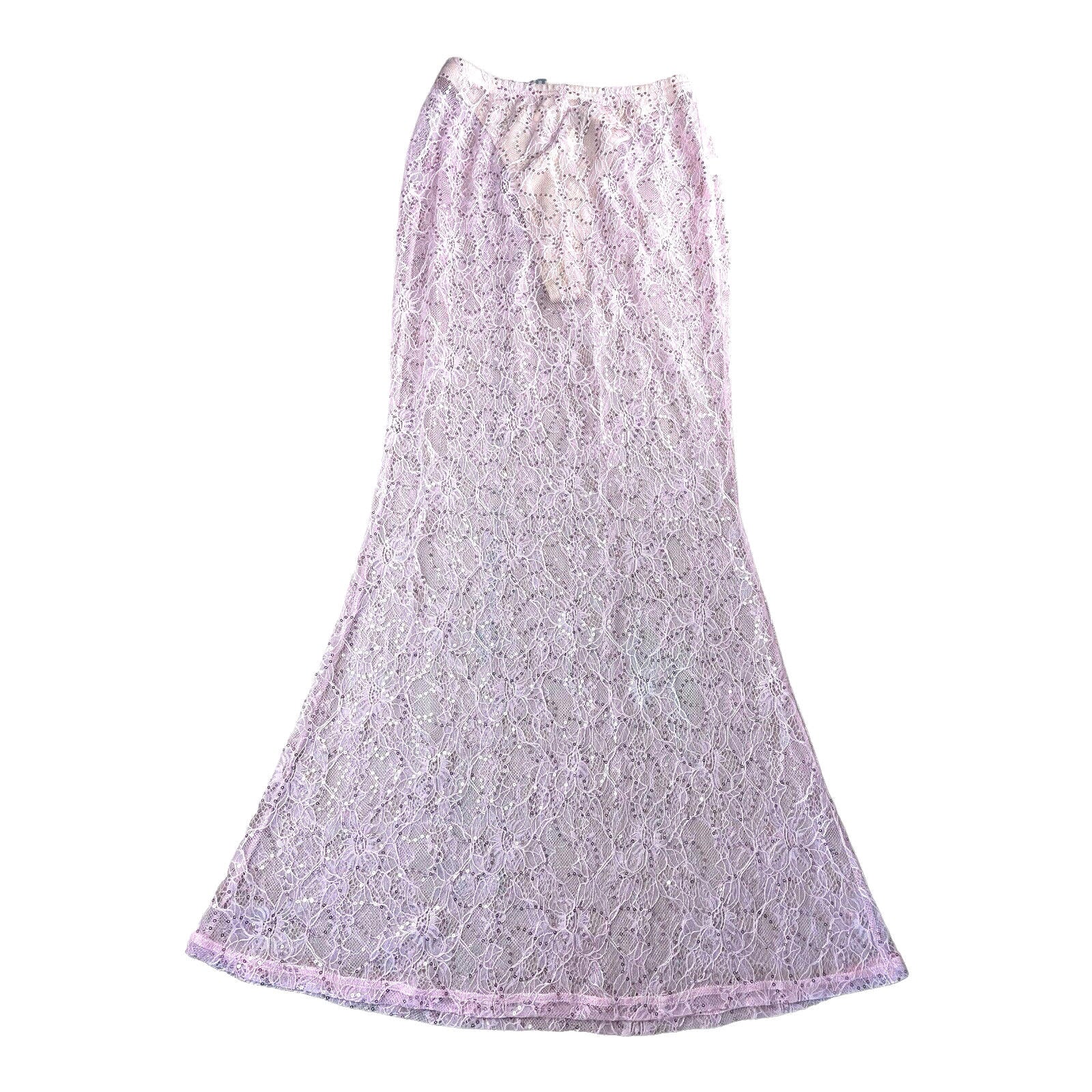 Pale Pink Sheer Lace Fit & Flare Maxi Skirt High Waist Women’s UK Size S