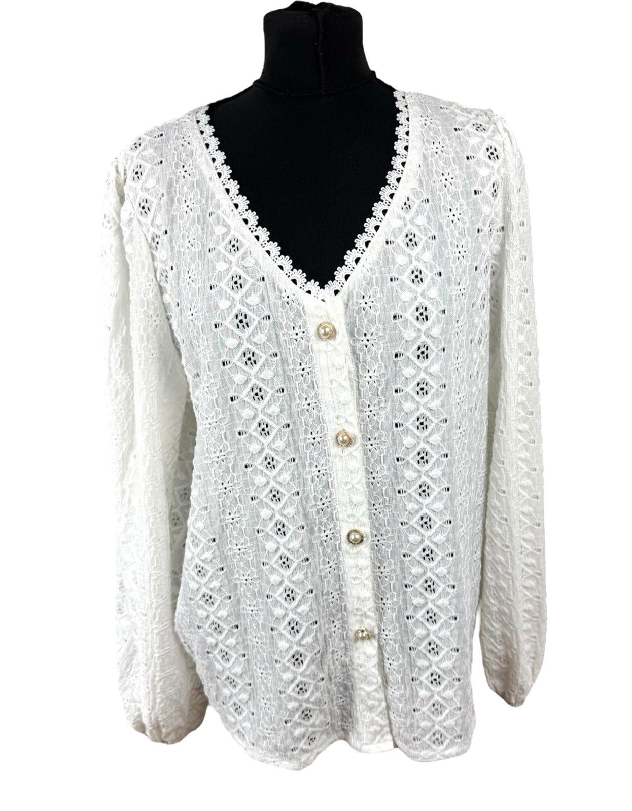 Shein Lace Cardigan Blouse Women’s UK Size XL White Pearl Button V-Neck Crochet