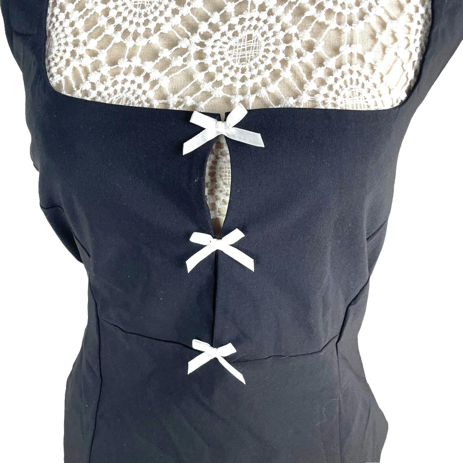 Halterneck Mini Dress Women’s UK Size 12 Black Fitted Bodycon White Bows