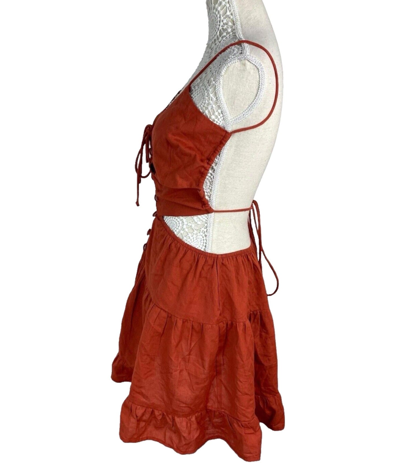 Rust-Colored Mini Dress Women’s UK Size 8 Tie Front Cut Out Waist Ruffled Skirt