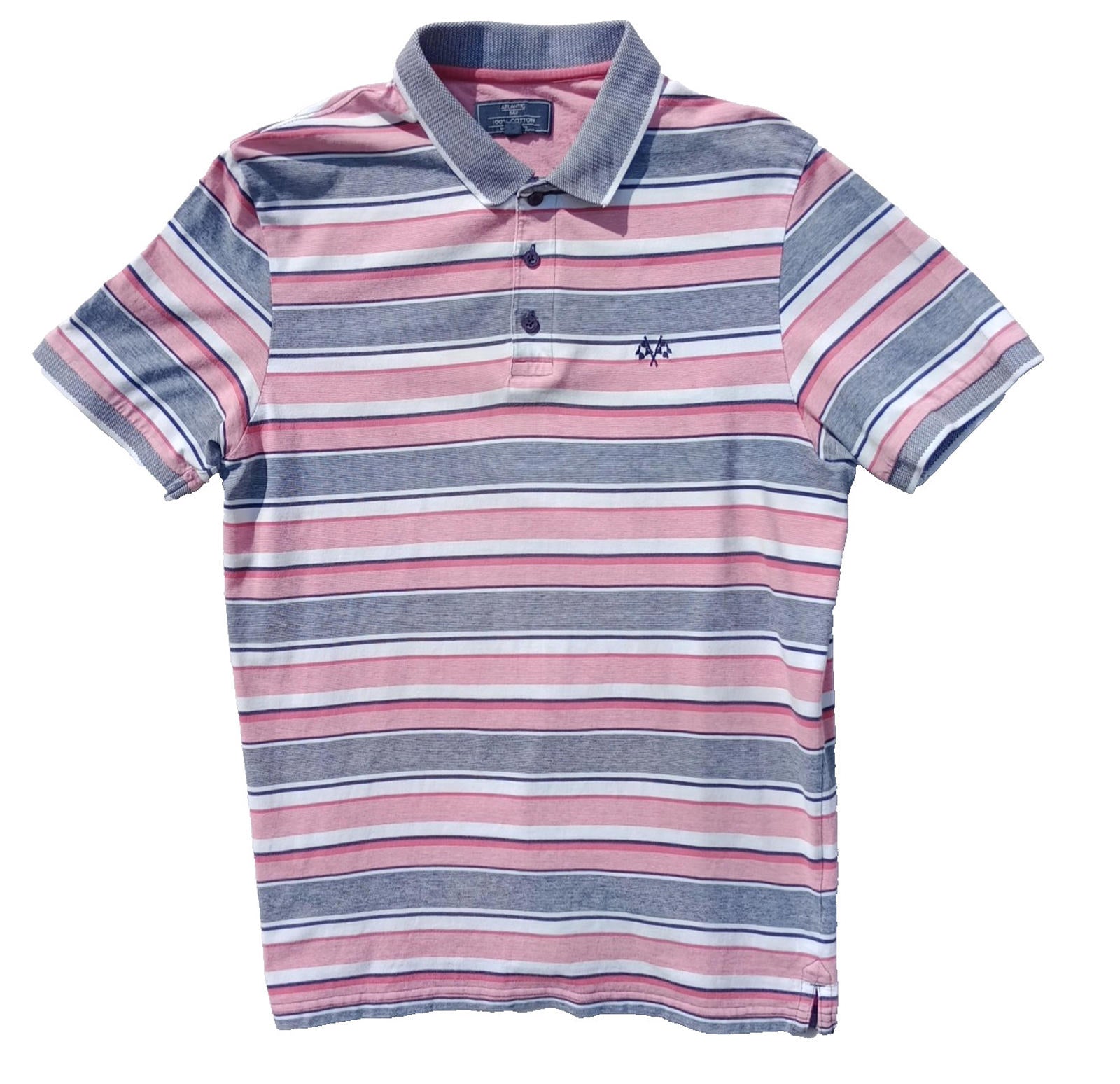 BHS Striped Polo Shirt Men's UK Size M Pink Grey 100% Cotton Embroidered Logo
