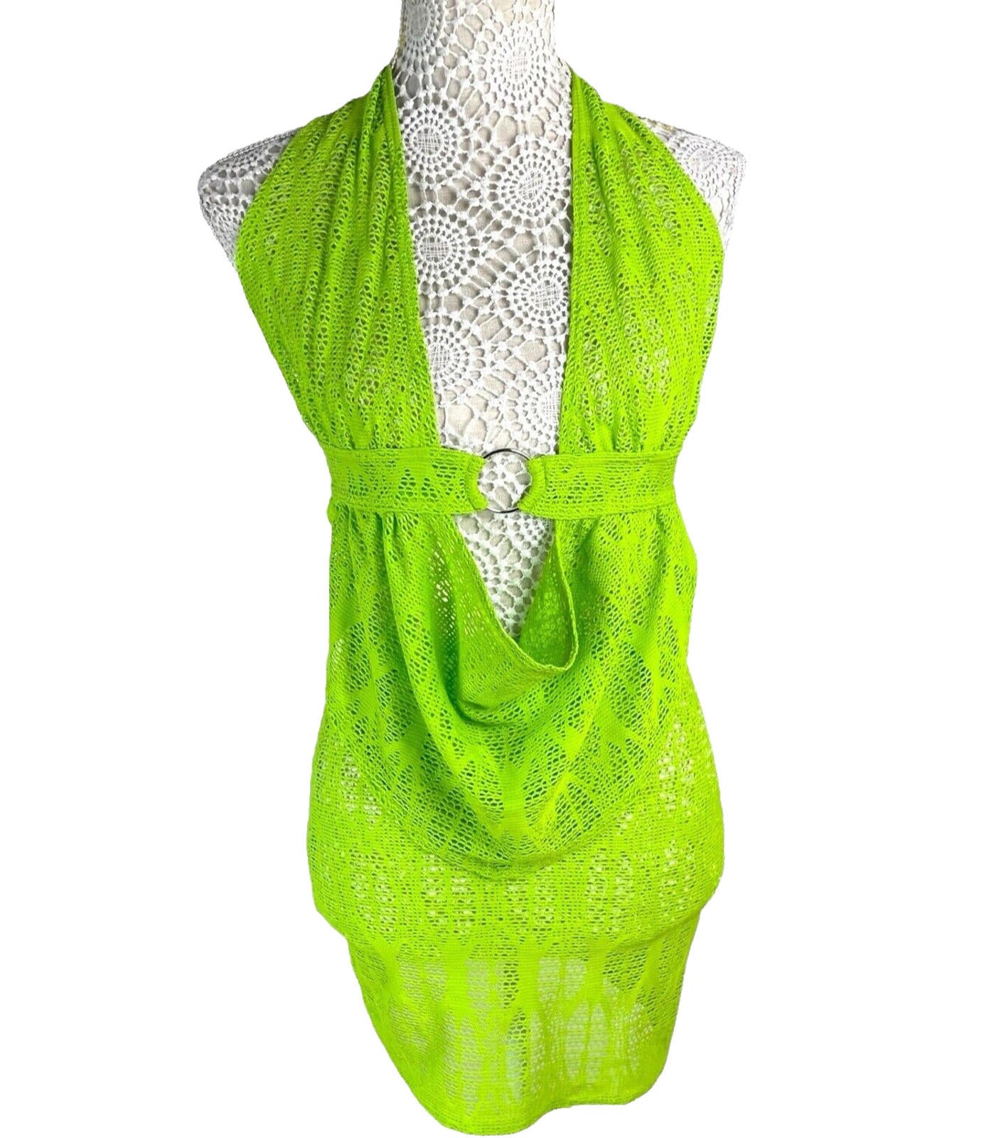Lime Green Knit Mesh Skirt Co Ord Set Cowl Halter Neck Women’s UK Size 8