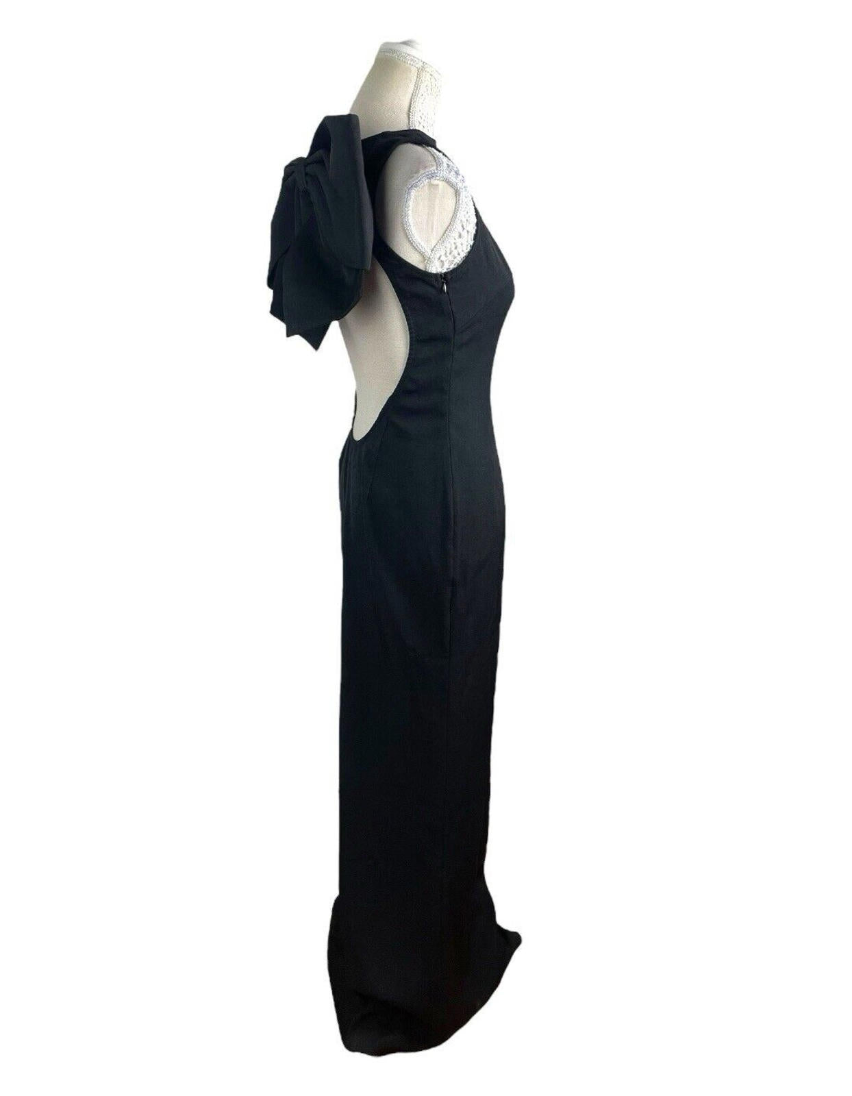 Pretty Little Thing Black Backless Maxi Dress Big Bow Detail Women’s UK Size 8