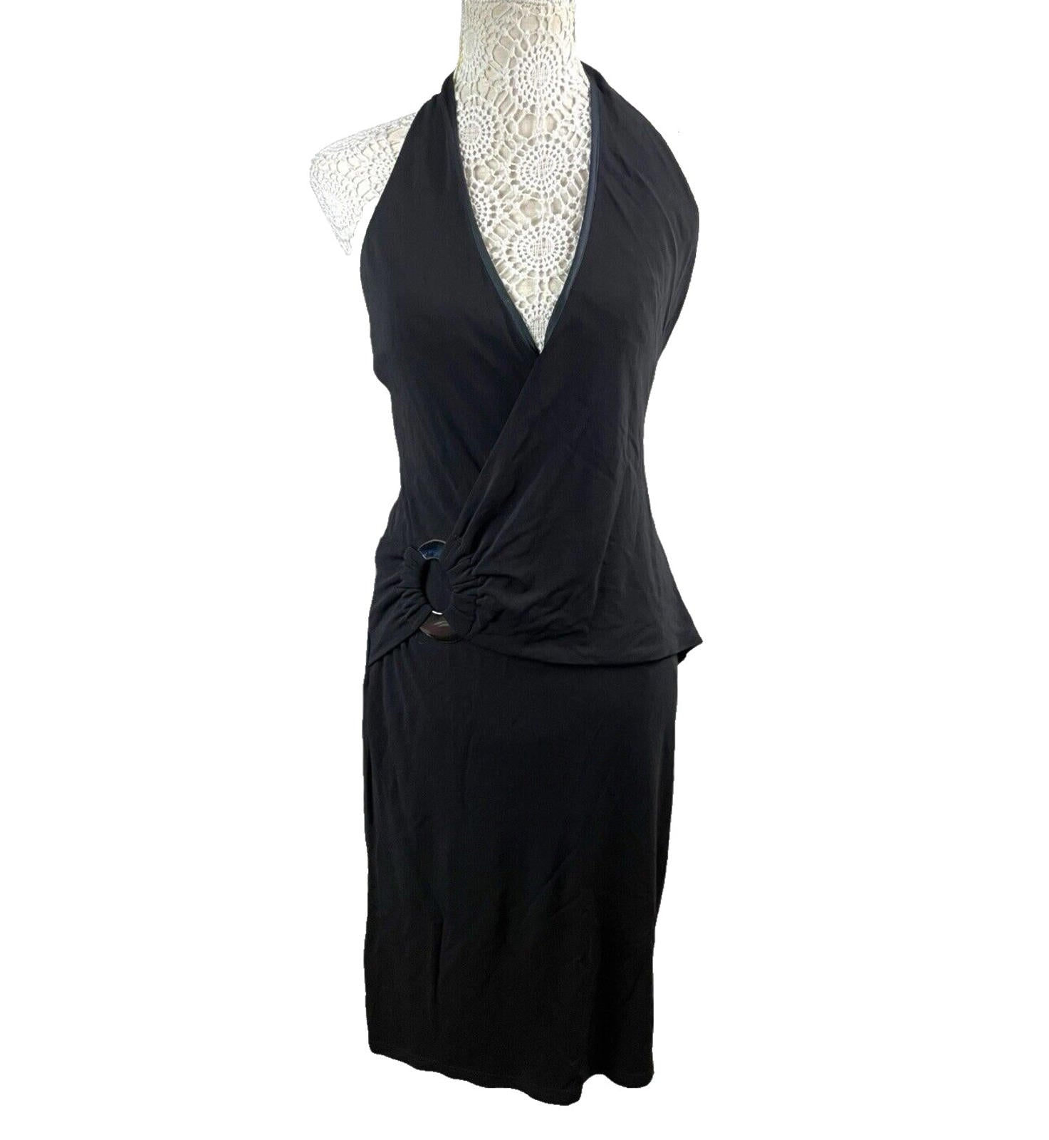 Karen Millen Black Midi Dress D-Ring Design Halterneck Women’s UK Size 12