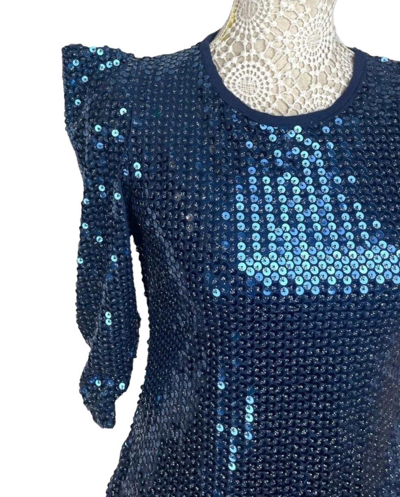 Glamorous Mini Dress Navy Blue Sequin Puff Sleeve Women’s UK Size 10