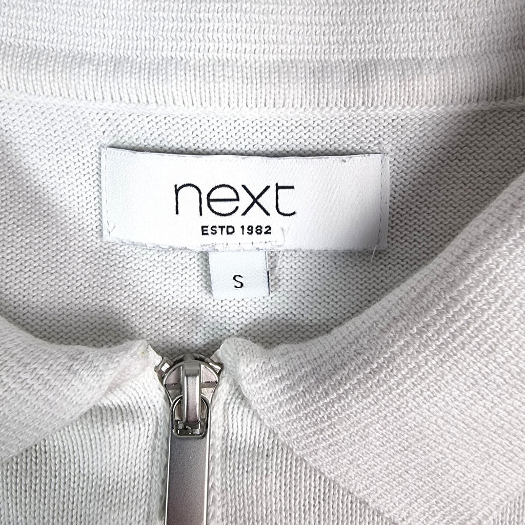 Next Knit Polo Shirt Men's UK Size S White Blue 1/4 Zip Short Sleeve 100% Cotton