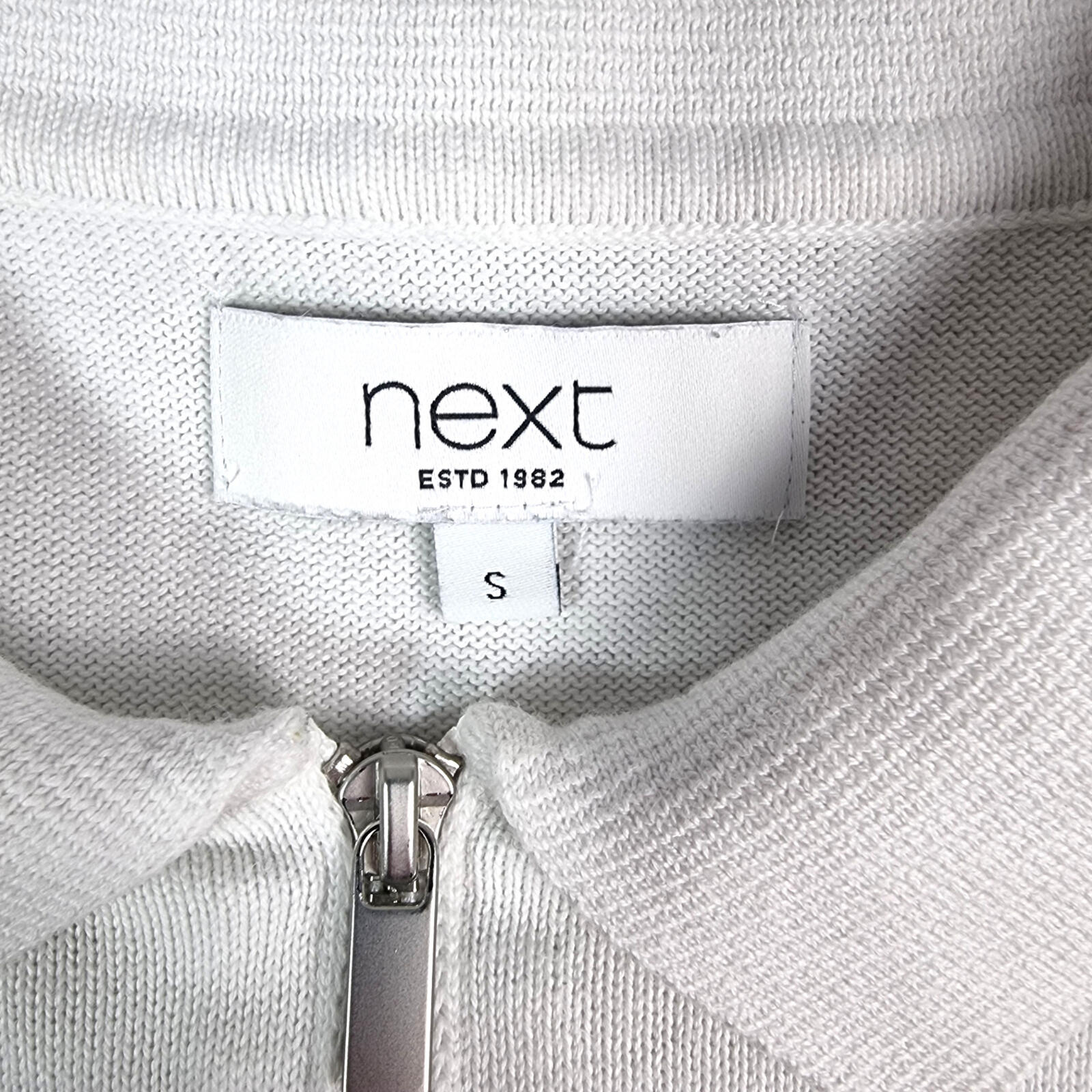 Next Knit Polo Shirt Men's UK Size S White Blue 1/4 Zip Short Sleeve 100% Cotton