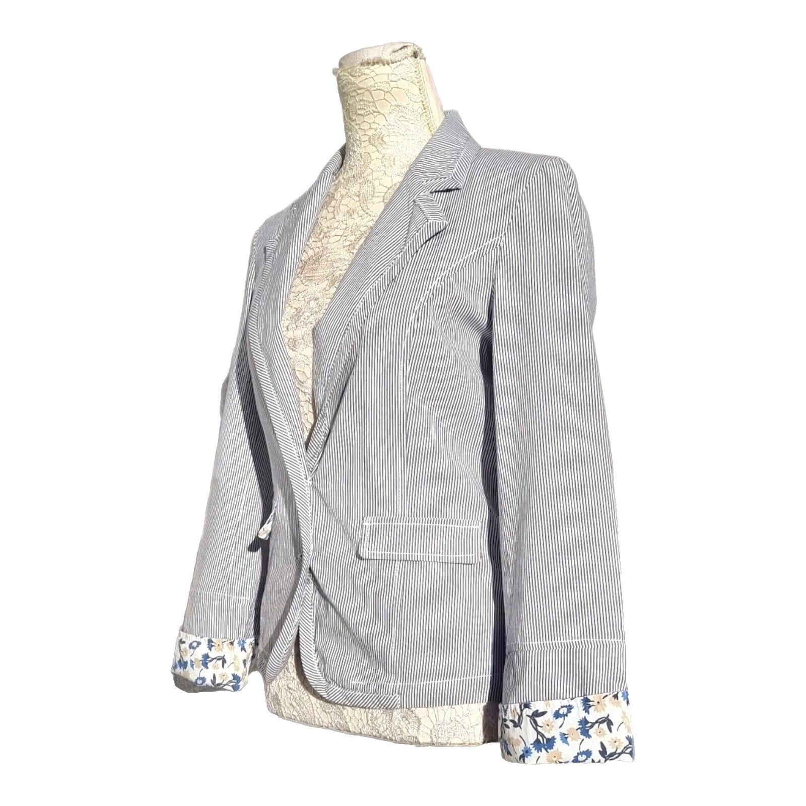 Blue Stripe Blazer Jacket Cotton White Pinstripes Size 10