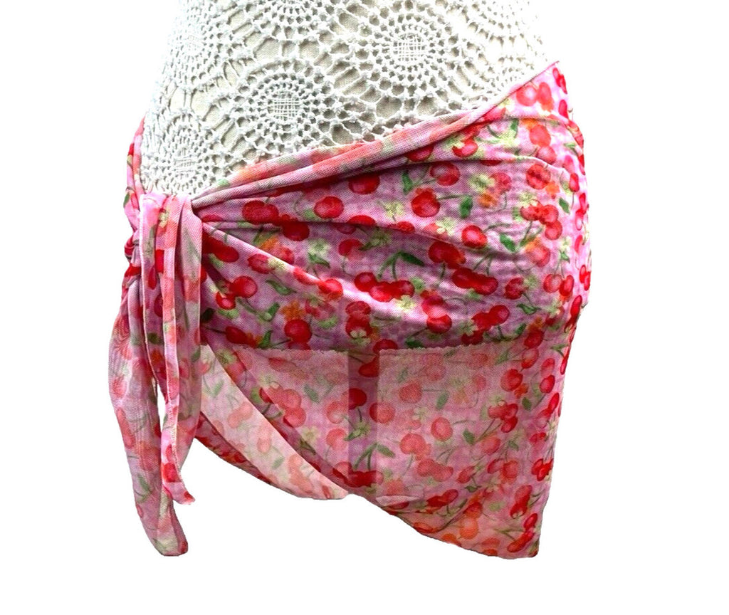 Cherry Print Sarong Women’s UK Size S Pink Tie Side Mini Cover Up Summer Beach