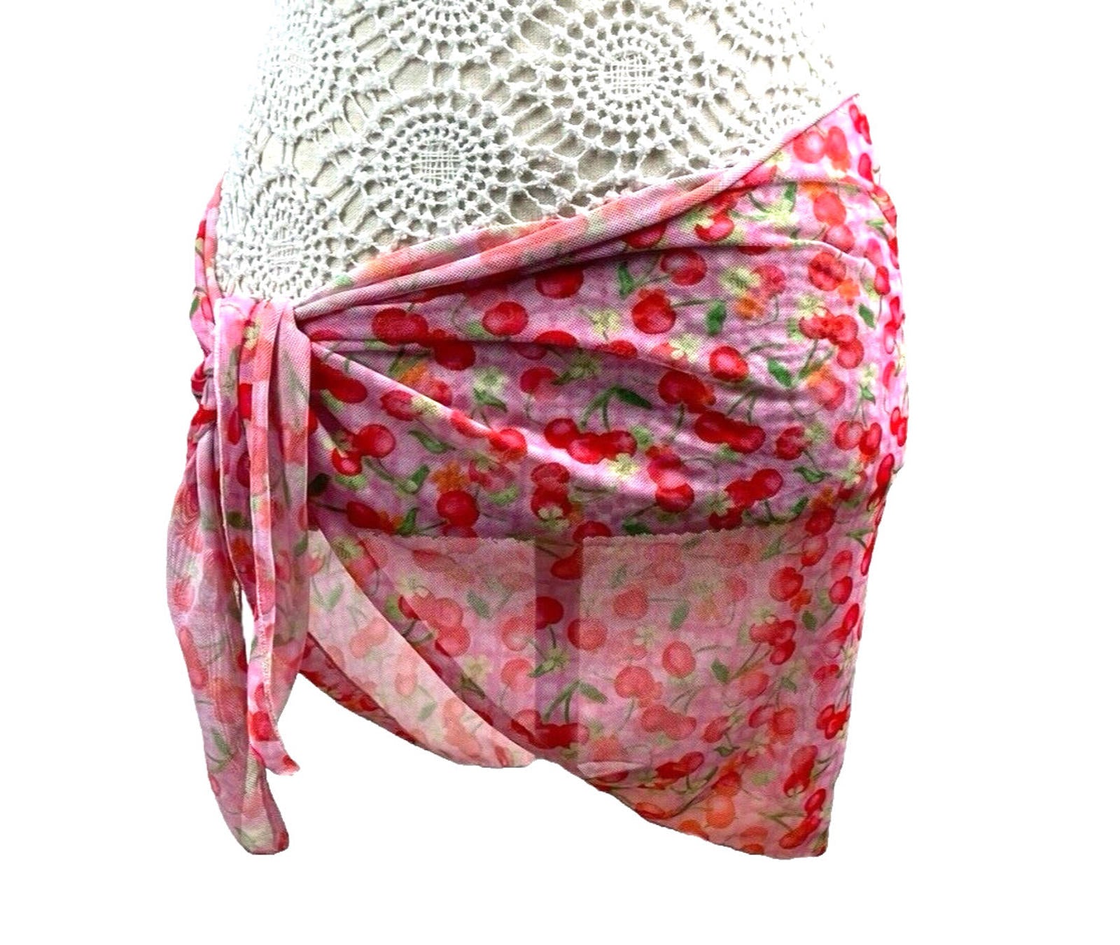 Cherry Print Sarong Women’s UK Size S Pink Tie Side Mini Cover Up Summer Beach