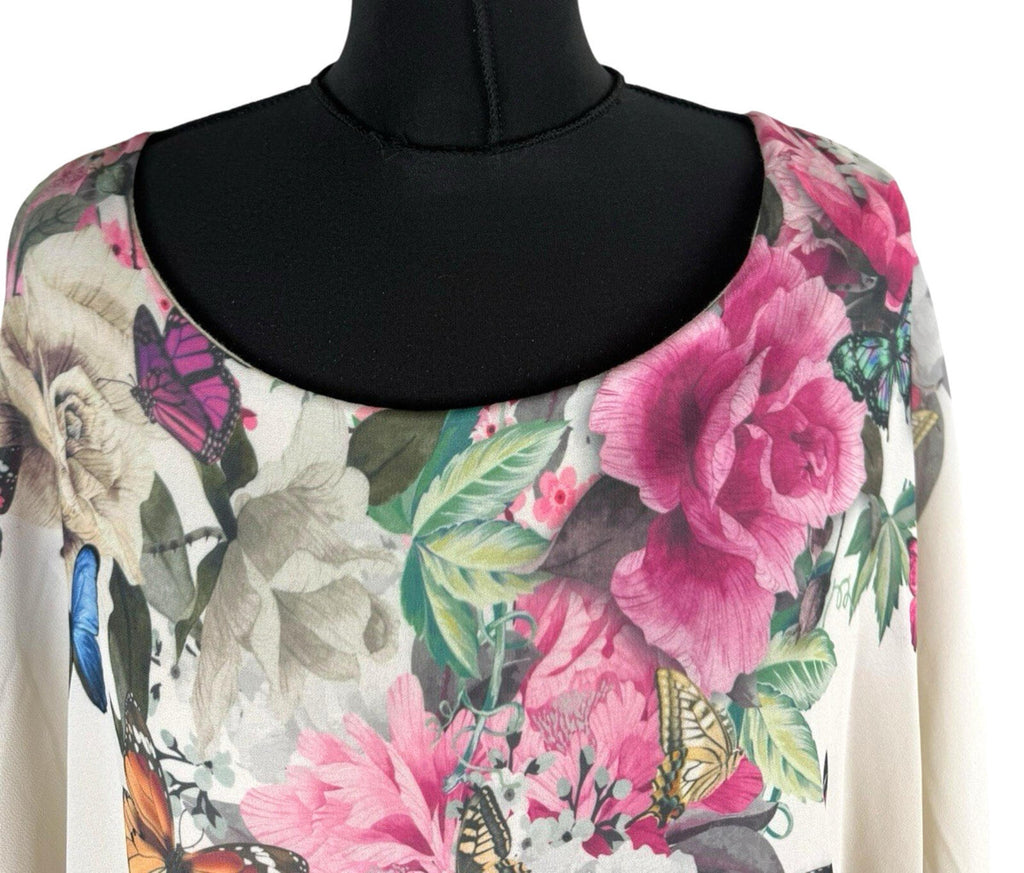 Floral Smock Blouse Top Women’s UK Size L Chiffon Relaxed Fit Lined Floral Beige