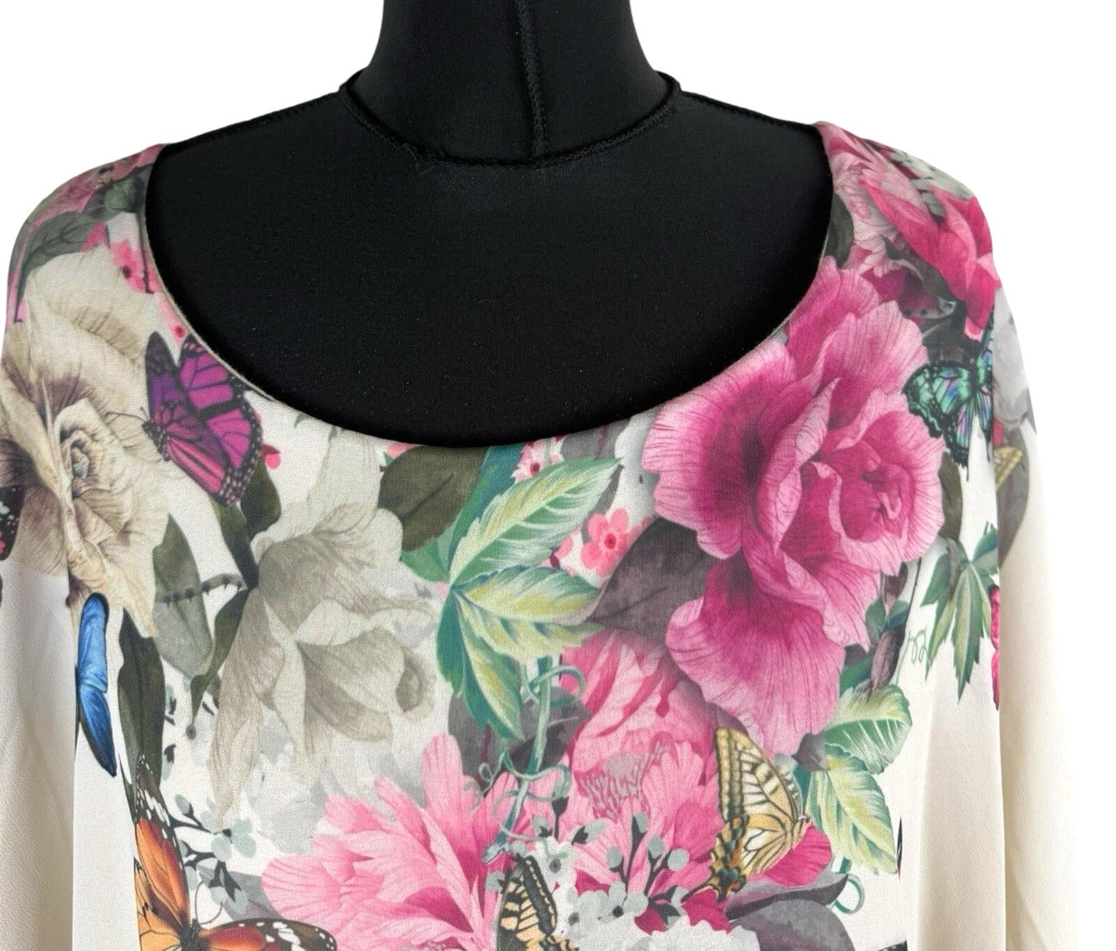 Floral Smock Blouse Top Women’s UK Size L Chiffon Relaxed Fit Lined Floral Beige