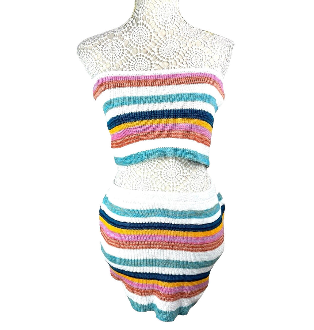 Striped Crochet Knit Two-Piece Set Women’s UK Size 8 Bandeau Crop Top & Skirt