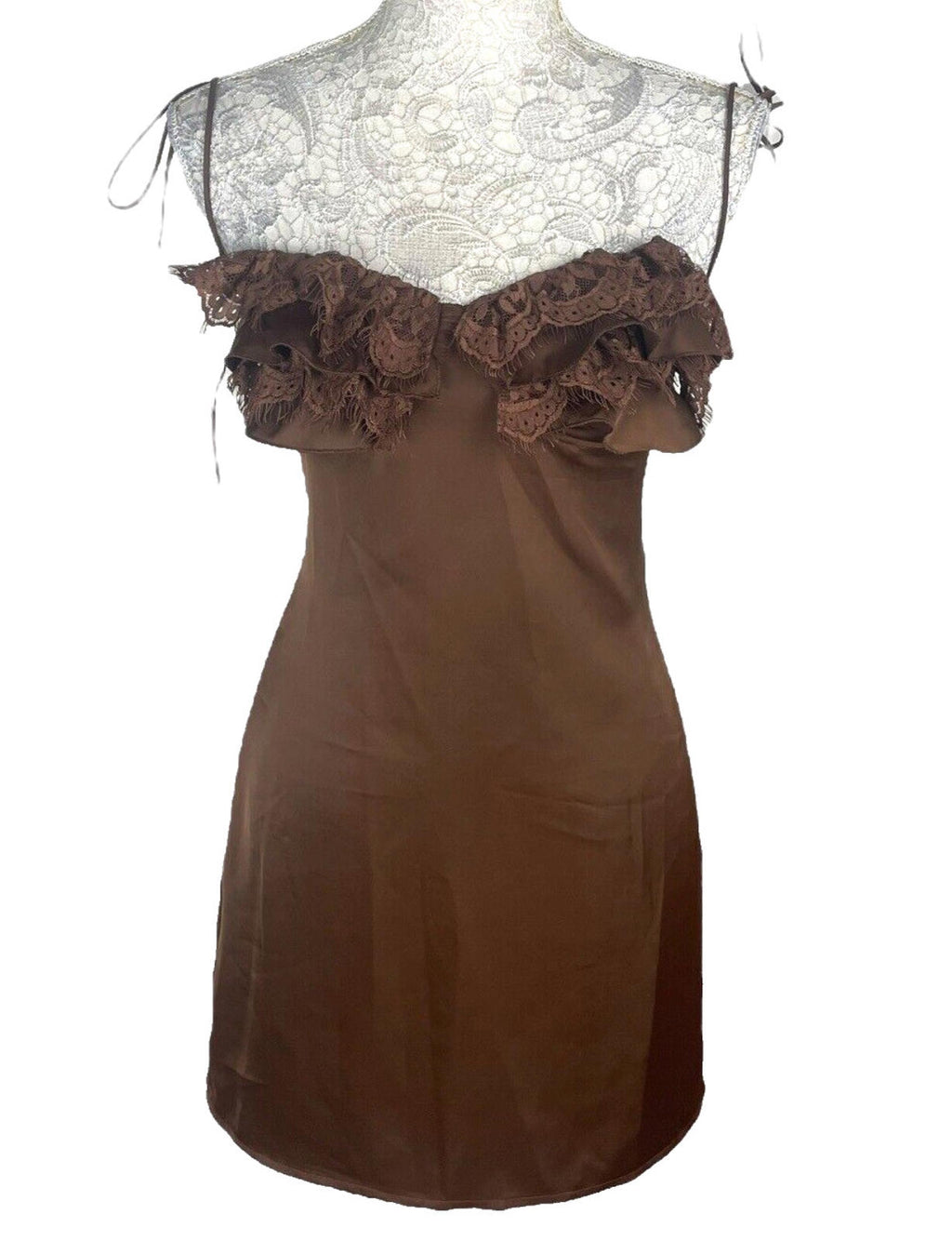 PLT Mini Dress Women's UK Size 8 Chocolate Satin Lace Cup Detail Tie Shoulder