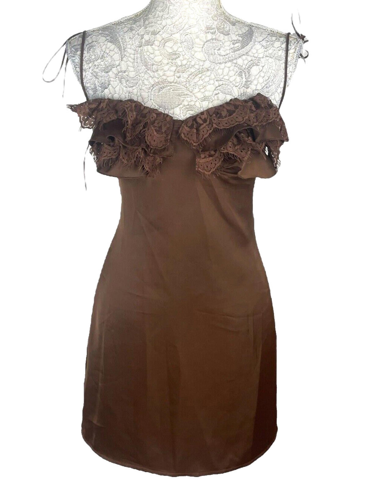 PLT Mini Dress Women's UK Size 8 Chocolate Satin Lace Cup Detail Tie Shoulder