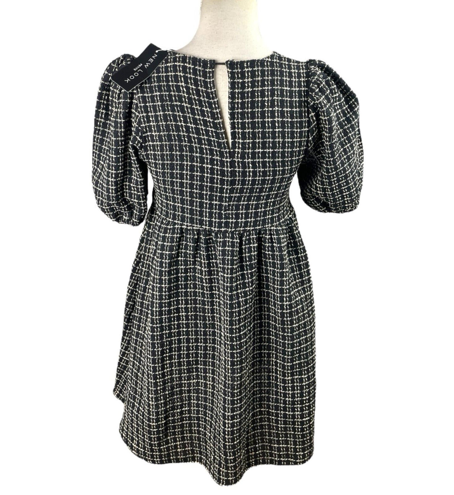 New Look Smock Dress Women's UK Size 6 Black Check Midi Short Puff Sleeve PETITE