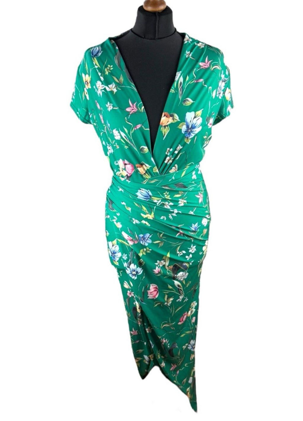 Vestry Green Dress Plunge Neck High Split Bodycon Floral Midi Women’s UK Size 12