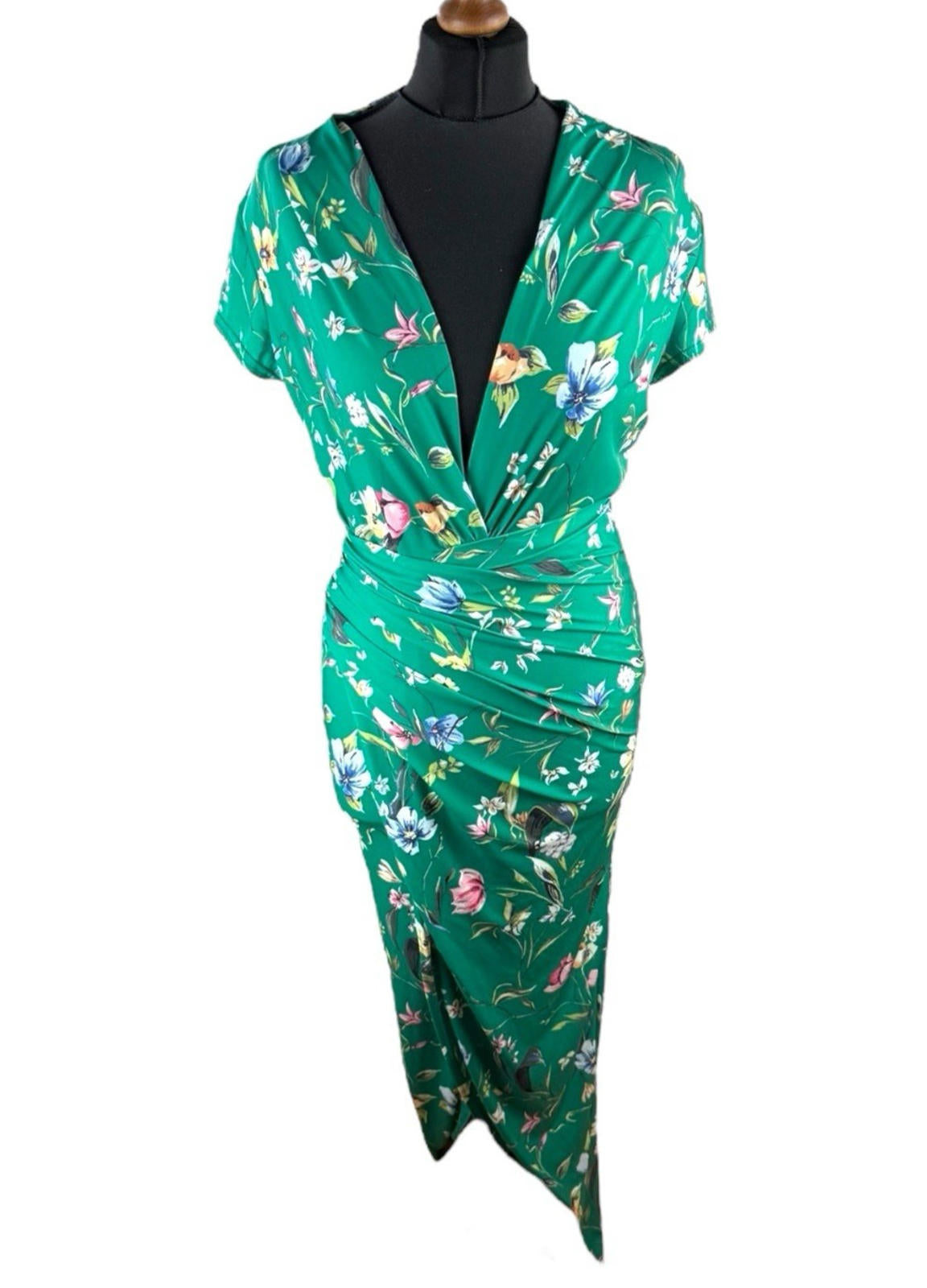 Vestry Green Dress Plunge Neck High Split Bodycon Floral Midi Women’s UK Size 12