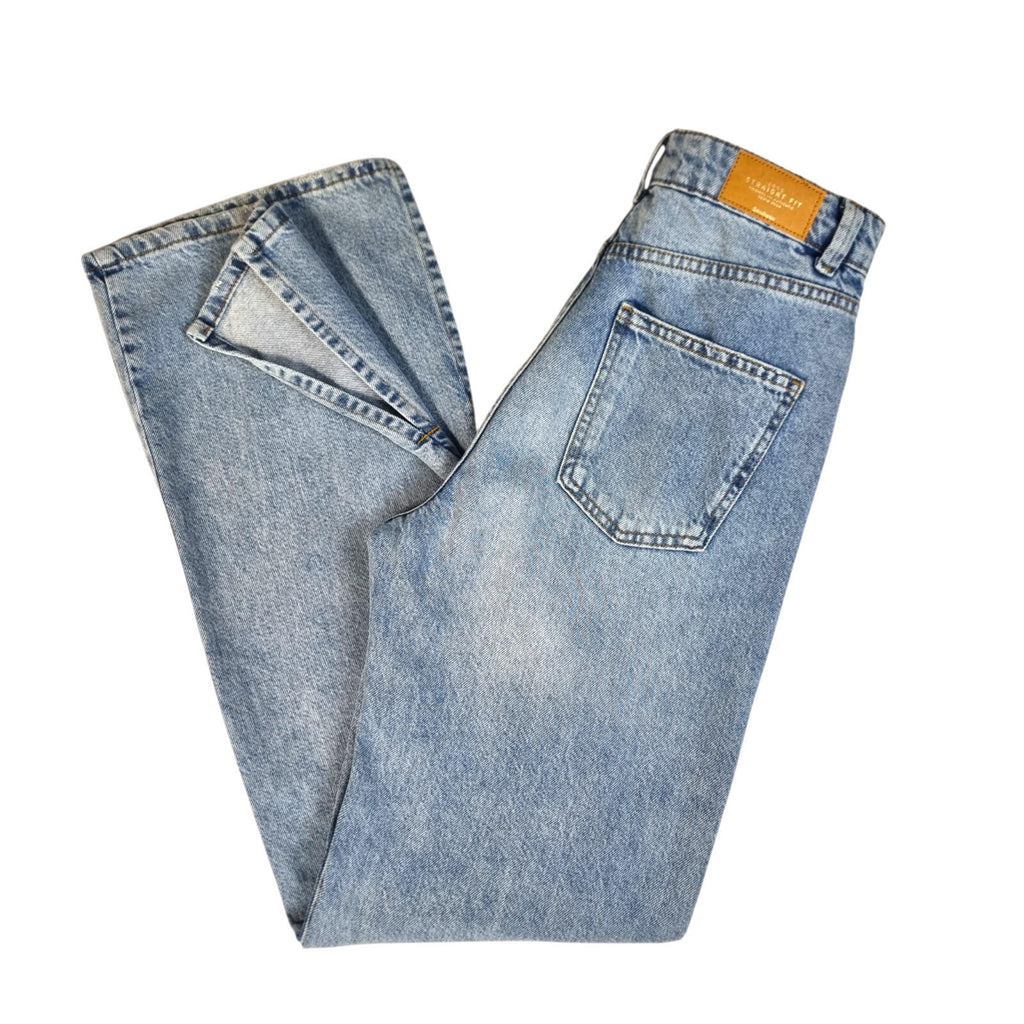 Stradivarius Jeans Women's UK Size 8 Long Split Hem Straight Fit High Waist Blue