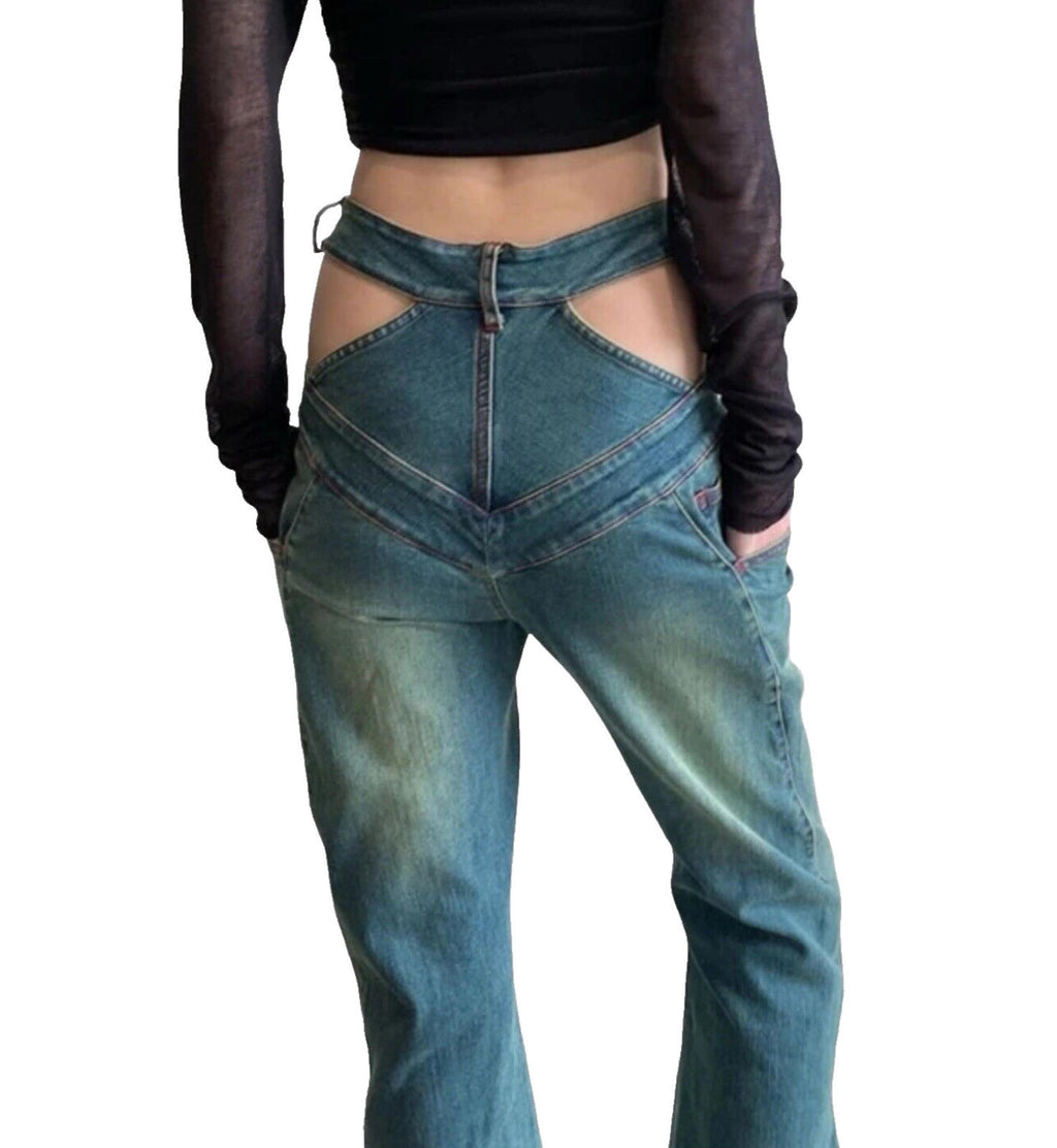 Flared Jeans Women's UK Size 8 Blue Denim Funky Double Zip Denim Distressed