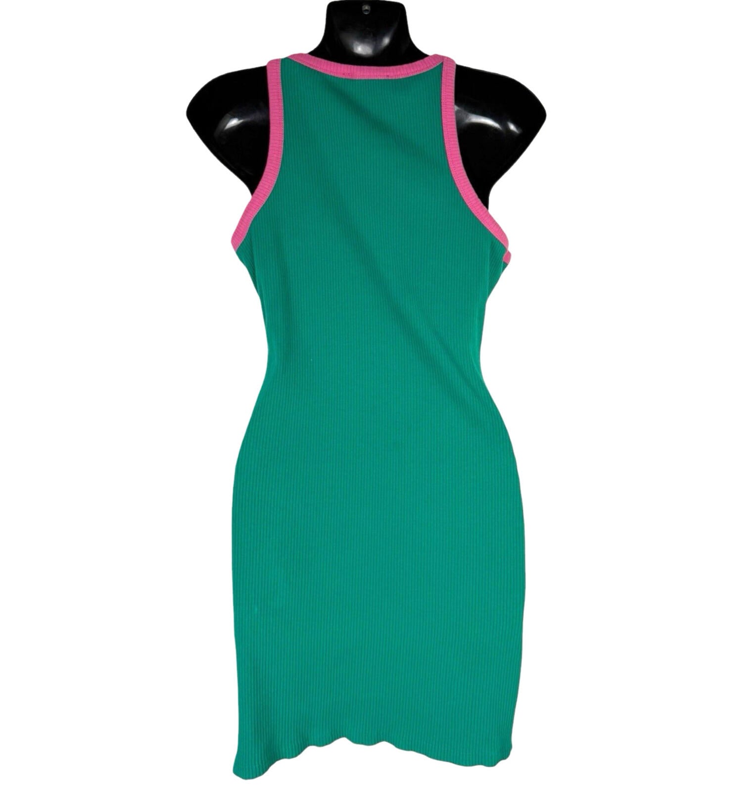 Primark Ribbed Mini Dress Women’s UK Size 14 Sleeveless Stretch Green Pink Trim