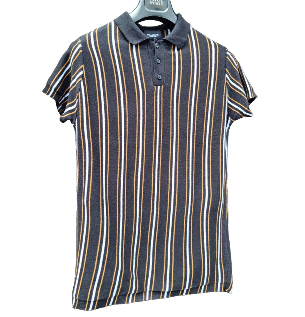 Pull & Bear Polo Shirt Men's UK Size S Black Knit Striped Jersey Tee Summer