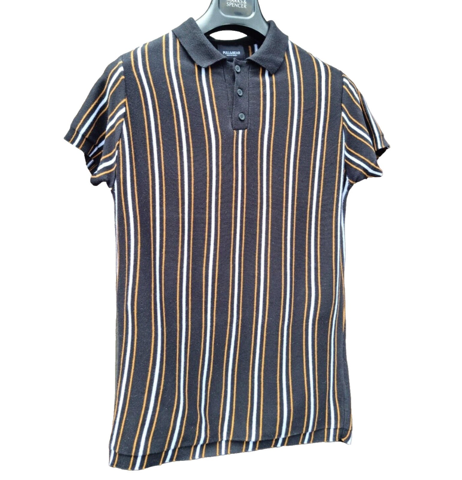 Pull & Bear Polo Shirt Men's UK Size S Black Knit Striped Jersey Tee Summer