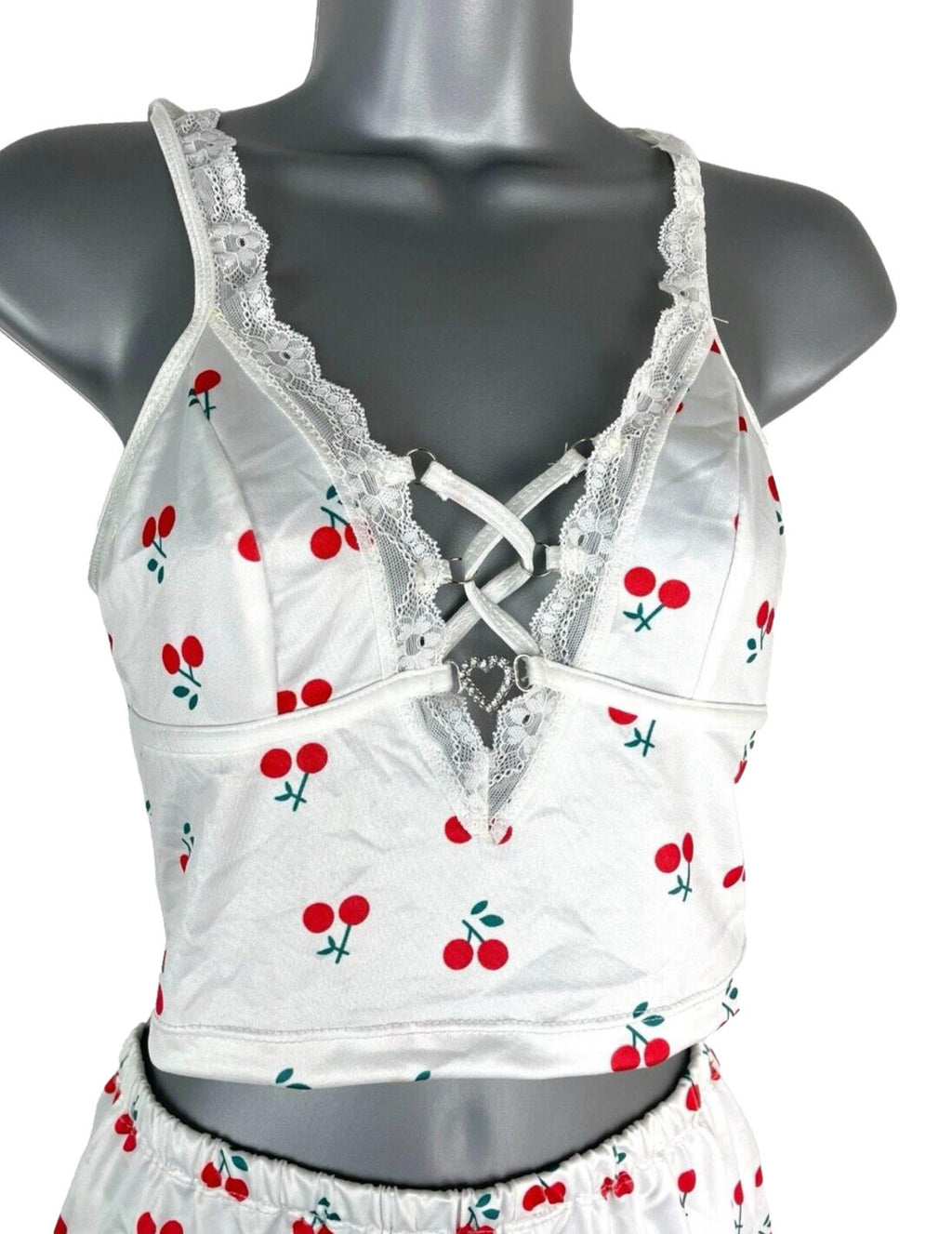 White Satin  Shorts & Croptop Co Ord Cherry Print Women’s UK Size 6-8