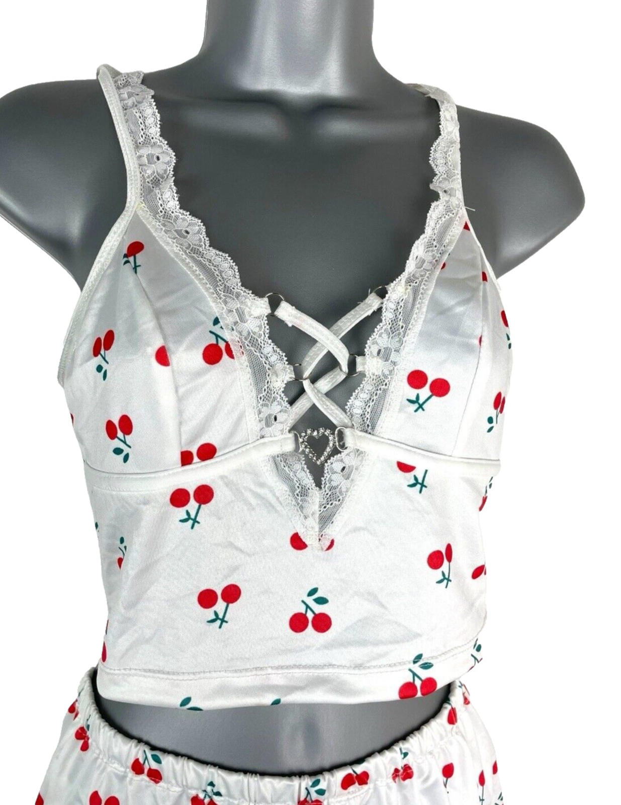 White Satin  Shorts & Croptop Co Ord Cherry Print Women’s UK Size 6-8