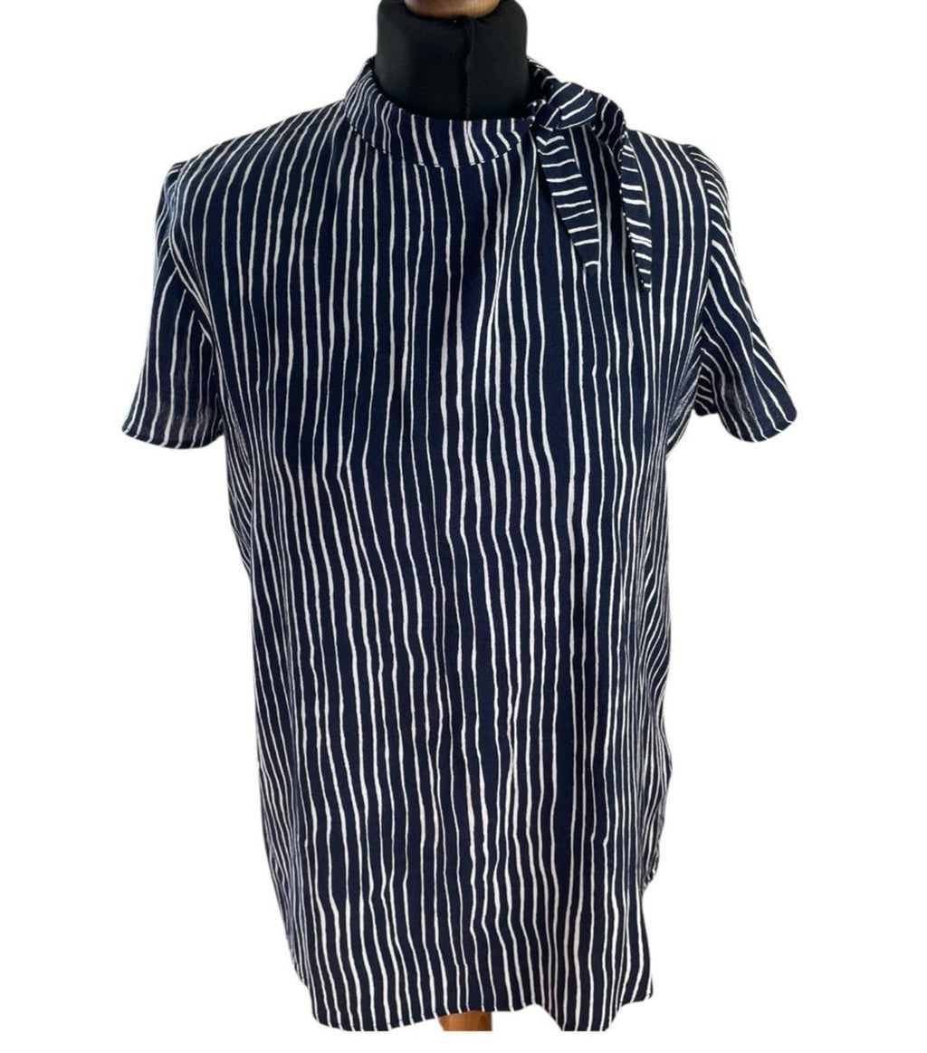 Next Navy Blouse High Neck Striped Lightweight Women’s UK Size 12