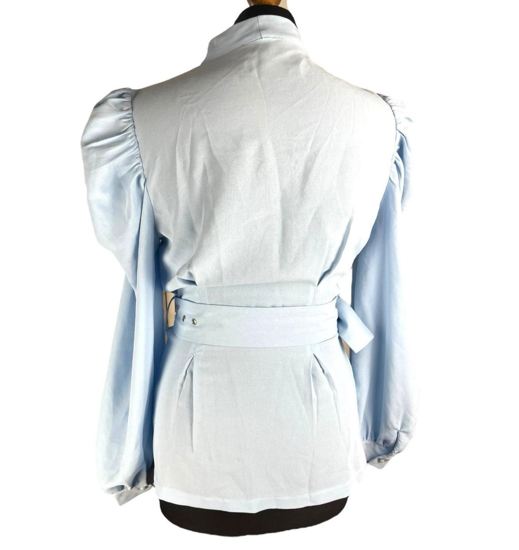 In The Style Blouse Women's UK Size 10 Belted Waist Puff Shoulder Sleeves Plunge