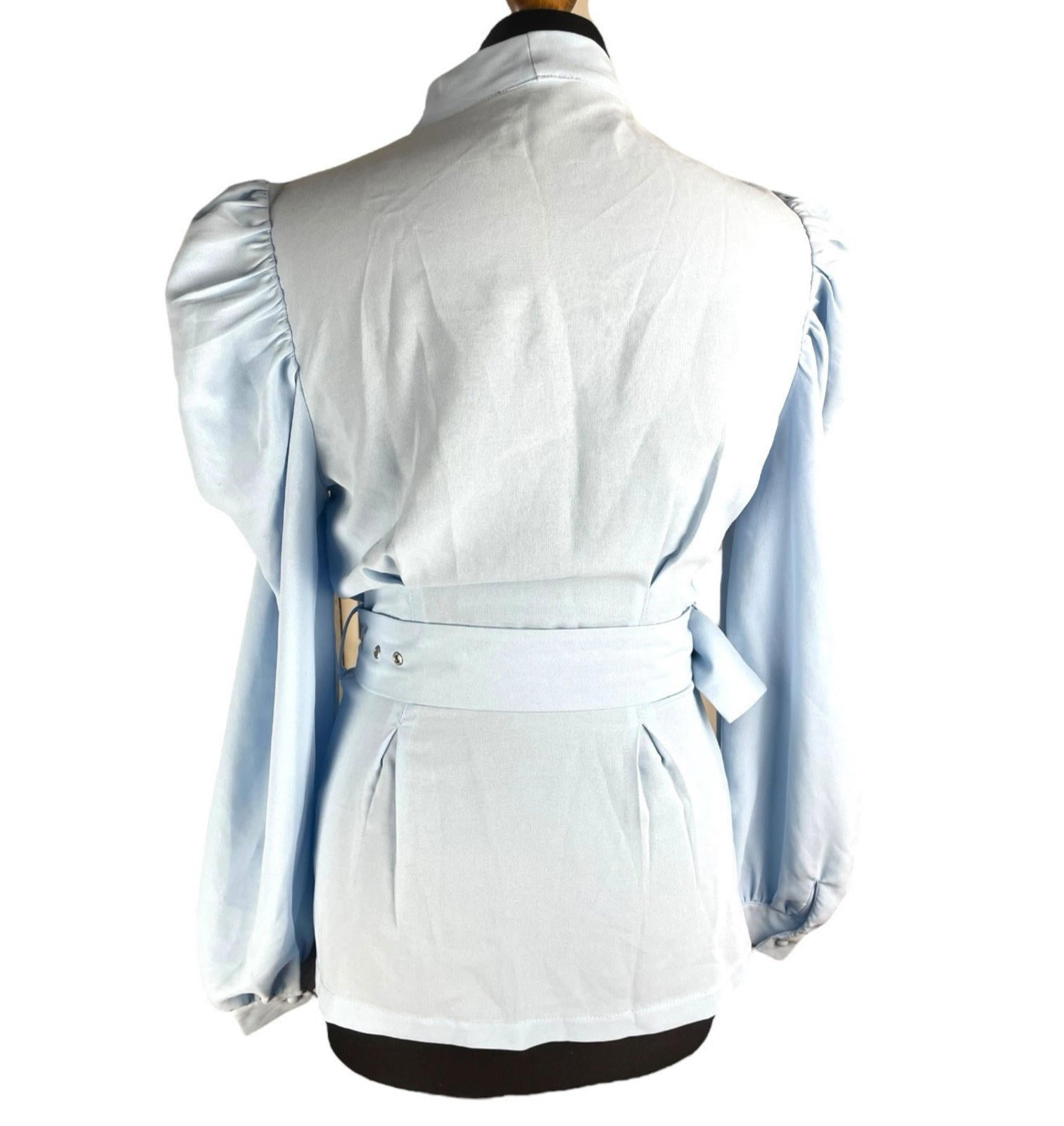 In The Style Blouse Women's UK Size 10 Belted Waist Puff Shoulder Sleeves Plunge