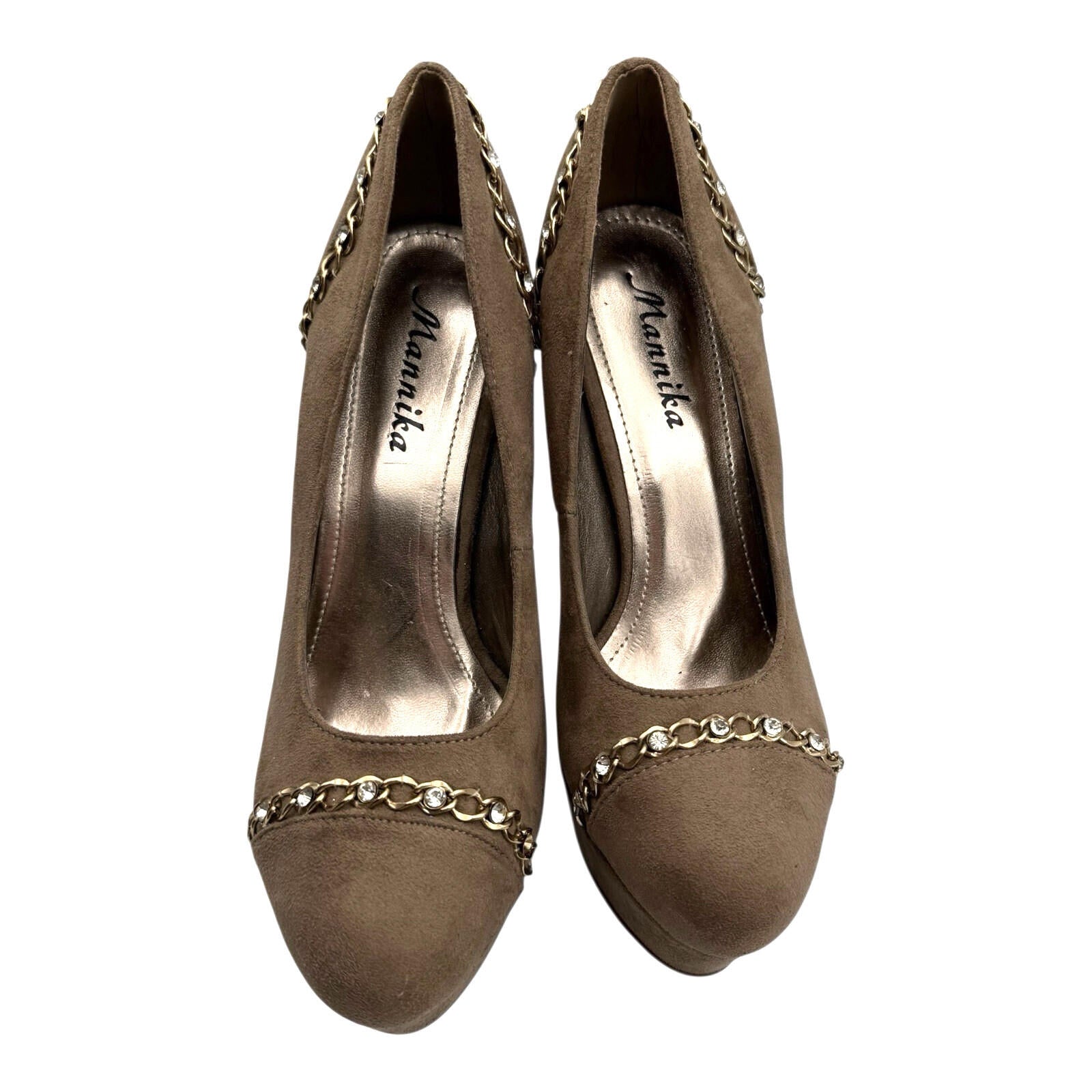Mannika Platform Stiletto Women’s UK Size 6 Chain Dimante Detail Brown Suede