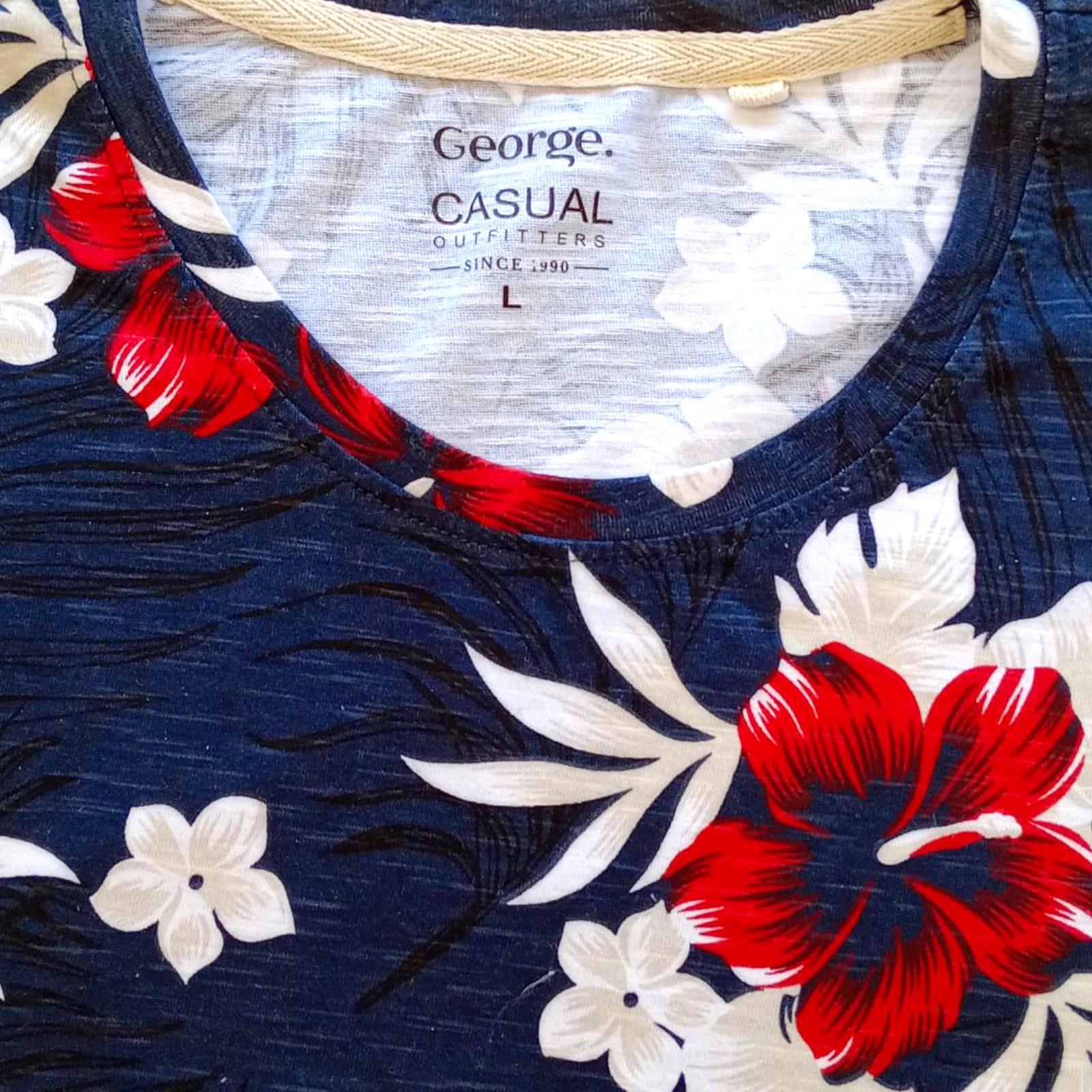 George T-Shirt Tropical Floral Print Men's UK Size L Blue Crew Neck 100% Cotton