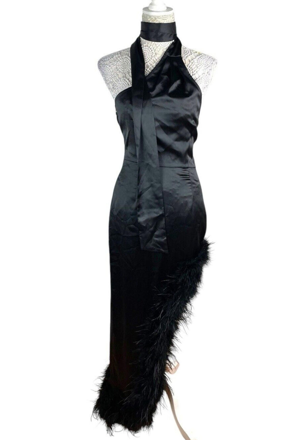 Pretty Little Thing Black Satin Dress Feather Trim Women’s UK Size 8
