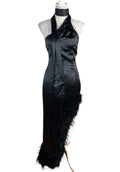 Pretty Little Thing Black Satin Dress Feather Trim Women’s UK Size 8