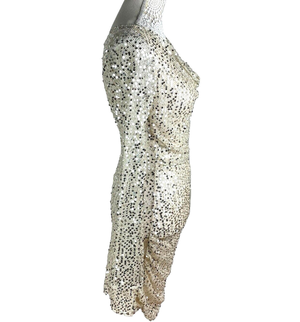 Silver Sequin Mini Dress Women’s UK Size 8 Long Sleeve Cowl Neckline Occasion