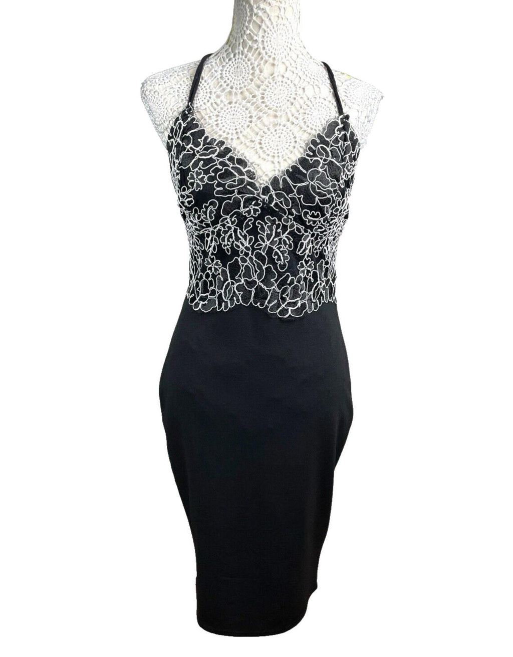 River Island Black Midi Dress White Embroidered Detail Women’s UK Size 12