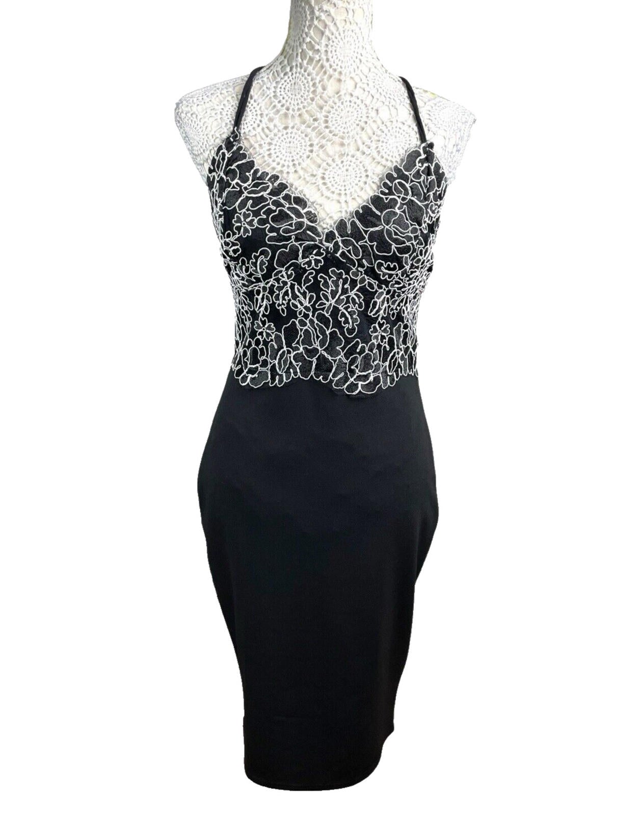 River Island Black Midi Dress White Embroidered Detail Women’s UK Size 12
