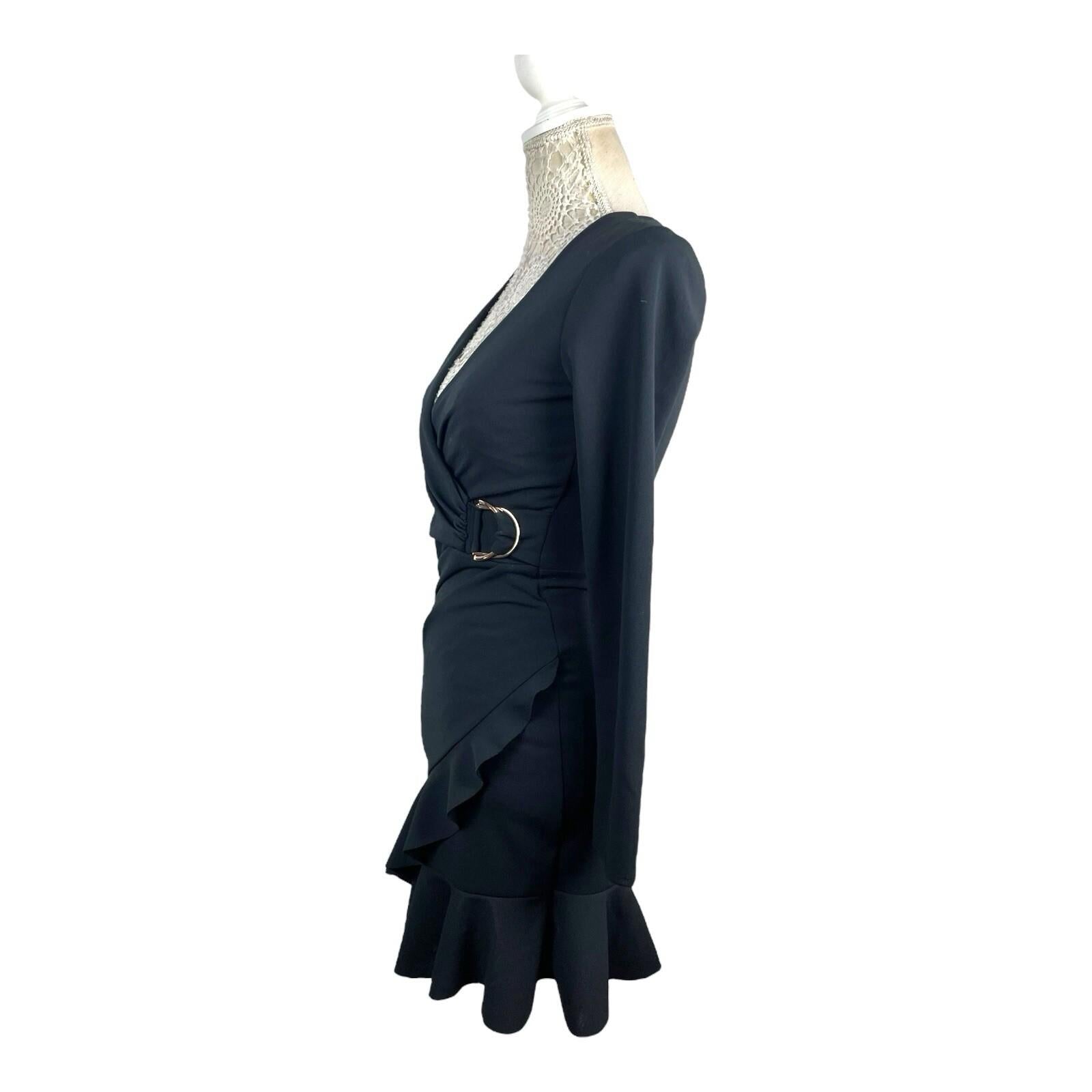 Lipsy London Black Wrap Dress Frilled Hem Gold Buckle Women’s UK Size 8