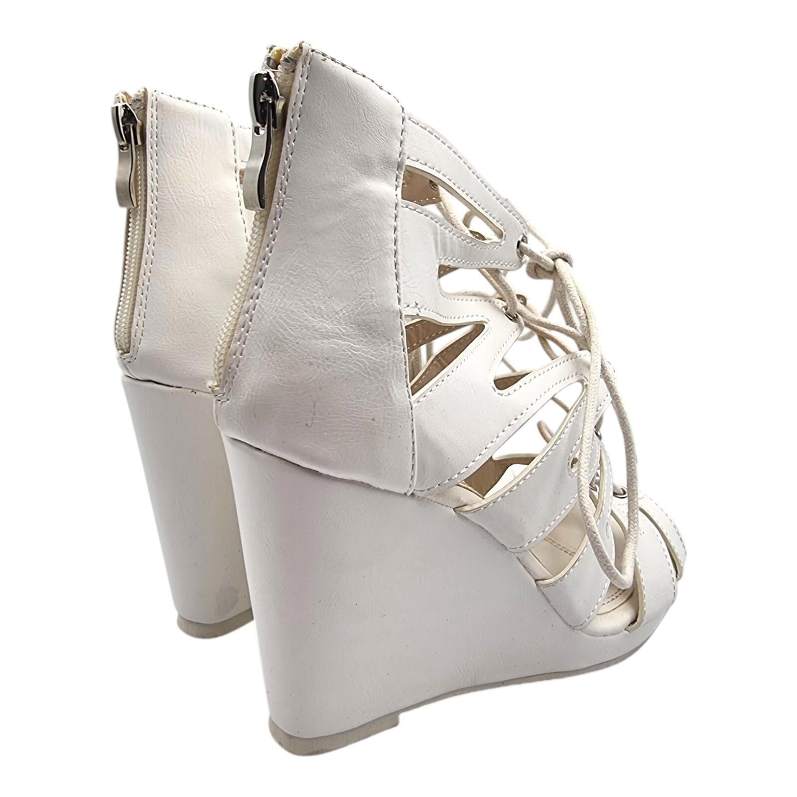 Aspirer Wedge Shoes Women's UK Size 7 Ankle Strap White Lace Up Faux Leather
