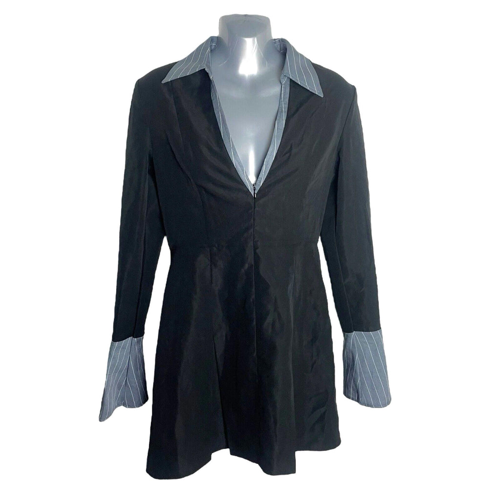 Mock Shirt Mini Dress Women’s UK Size 8 Black Grey Flared Cuffs Collared V-Neck
