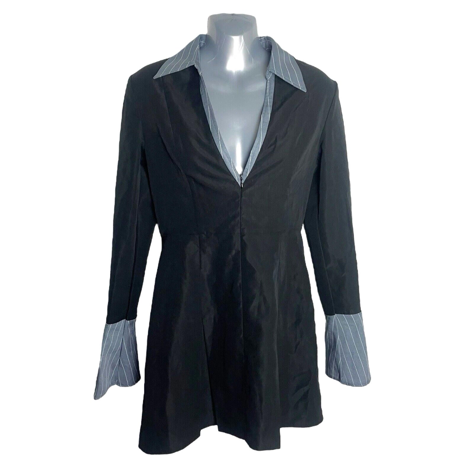 Mock Shirt Mini Dress Women’s UK Size 8 Black Grey Flared Cuffs Collared V-Neck
